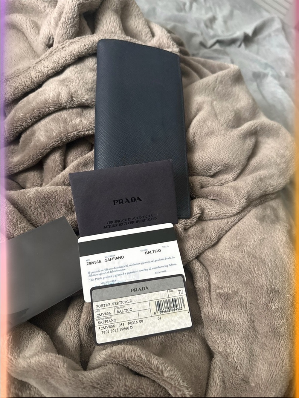 Prada 2MV836 Baltico Blue Saffiano Vertical Wallet w/ Auth Card Long Bifold